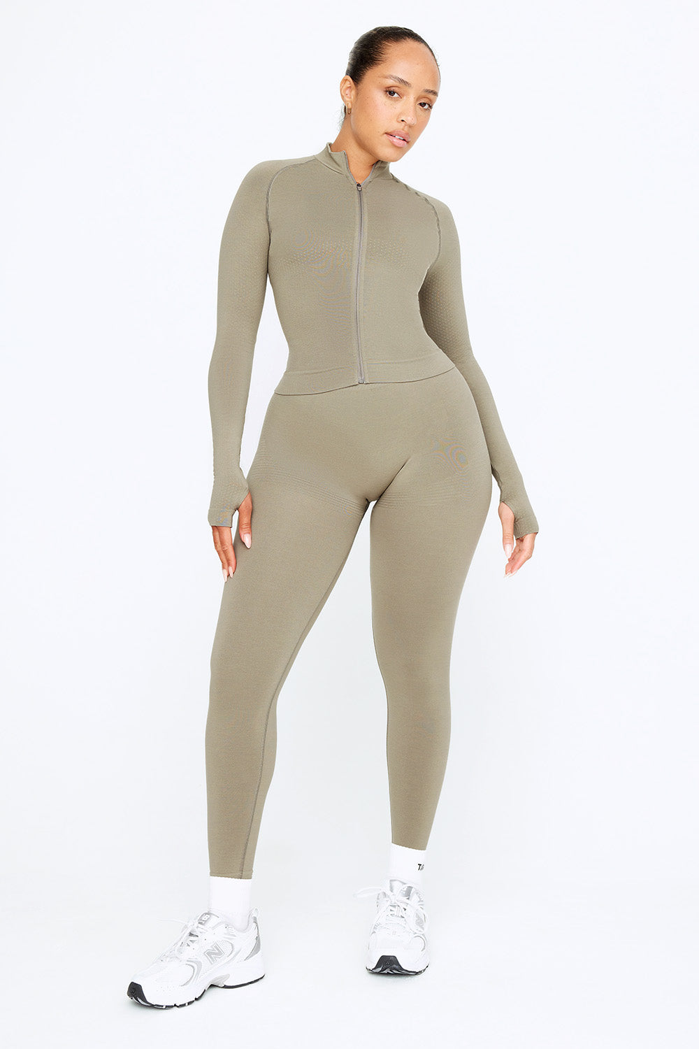 Sculpt Seamless Mock Neck Zip Through Jacket- Olive Marl