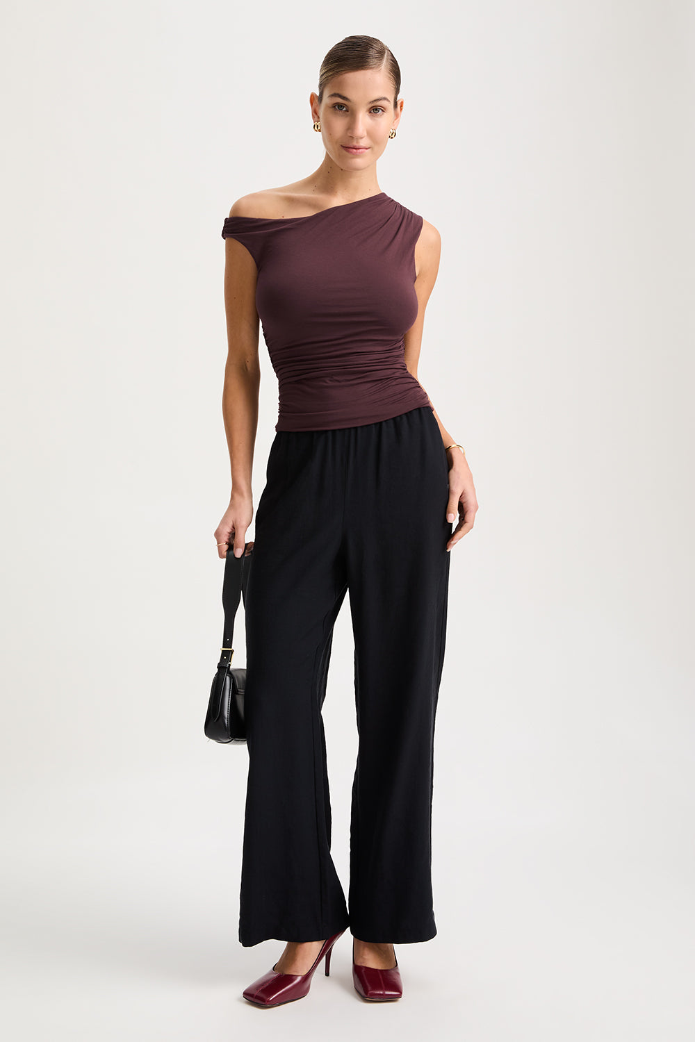 365 Asymmetric Ruched Side Top - Mulled Wine