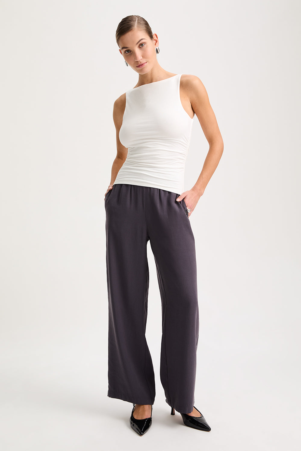 365 Ruched Side Boat Neck Top - Coconut Milk