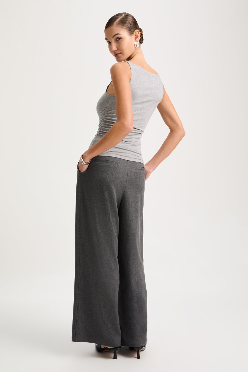 365 Ruched Side Boat Neck Top - Grey Marl
