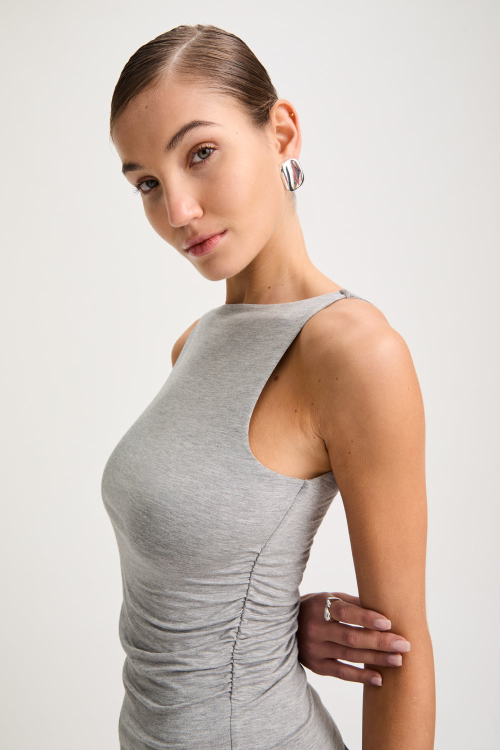 365 Ruched Side Boat Neck Top - Grey Marl
