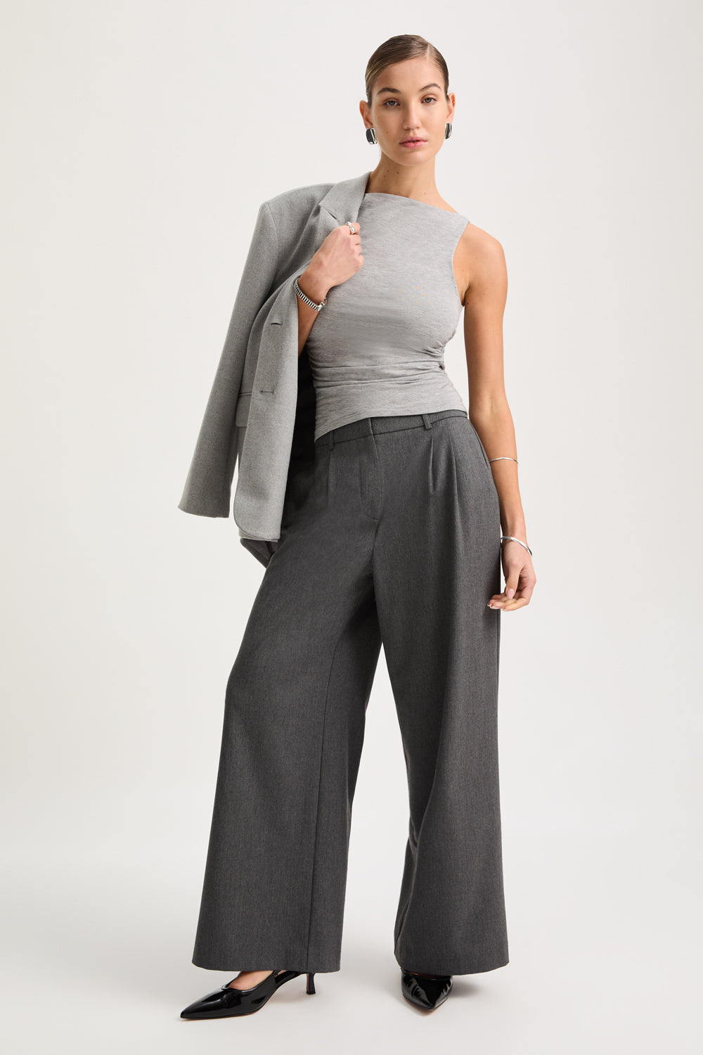 365 Ruched Side Boat Neck Top - Grey Marl