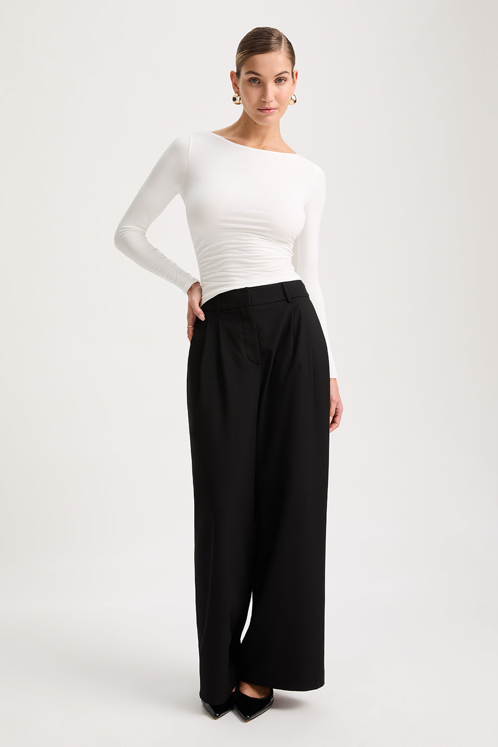 365 Ruched Side Open Back Long Sleeve Top - Coconut Milk