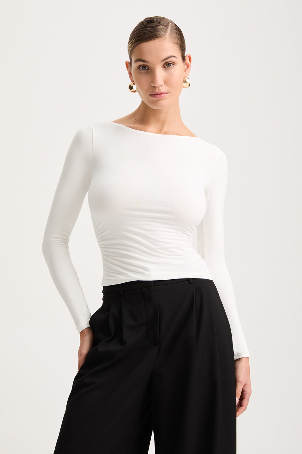 365 Ruched Side Open Back Long Sleeve Top - Coconut Milk