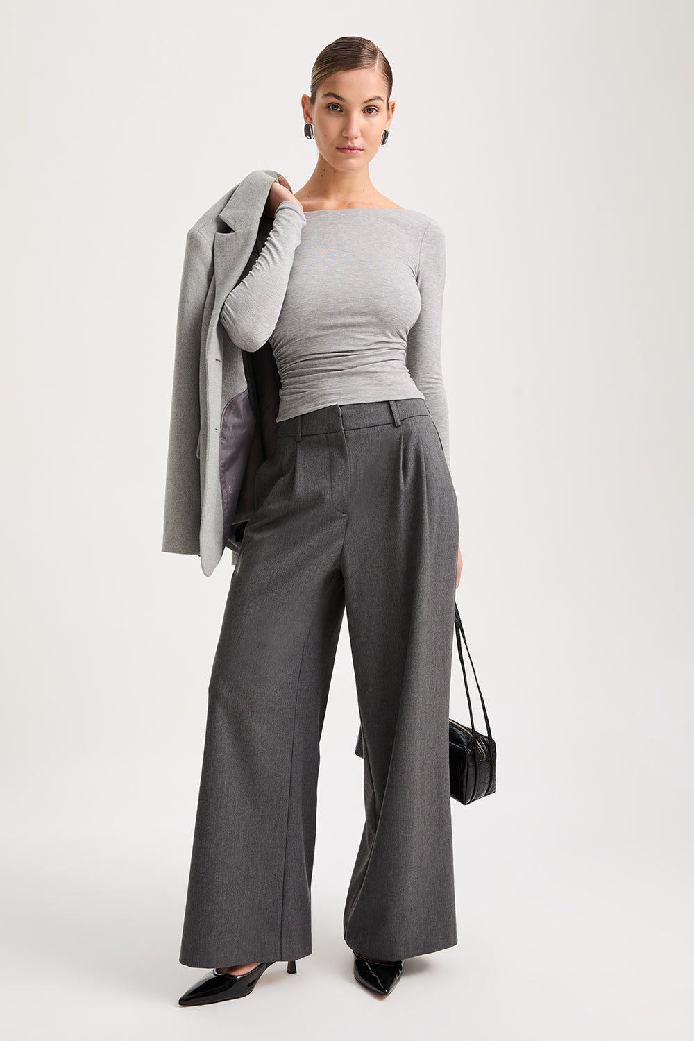 365 Ruched Side Open Back Long Sleeve Top - Grey Marl