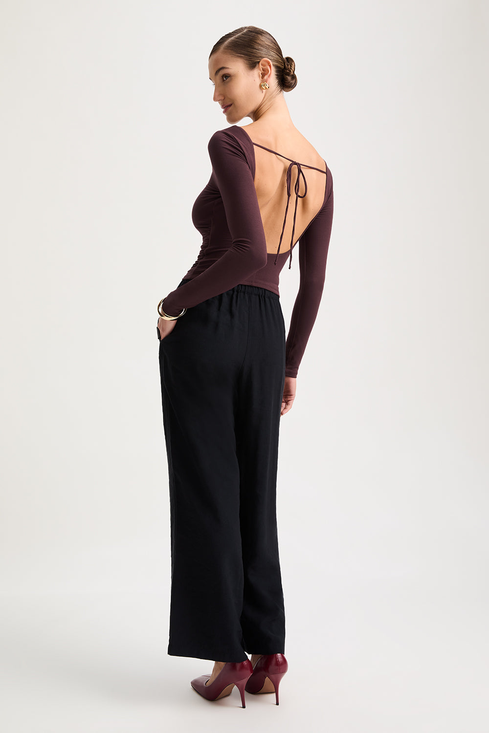 365 Ruched Side Open Back Long Sleeve Top - Mulled Wine