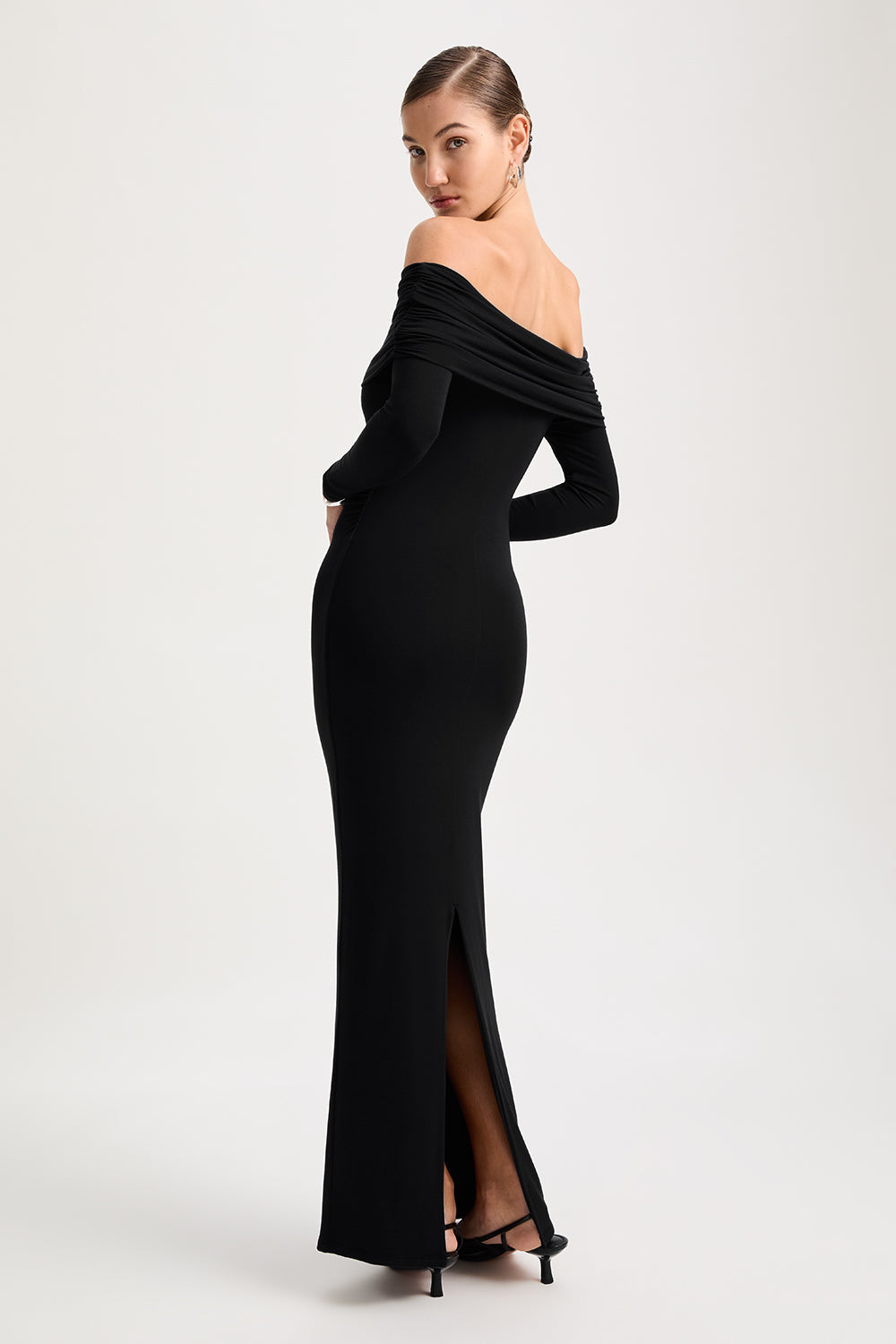 365 Ruched Side Bardot Maxi Dress - Shadow Black