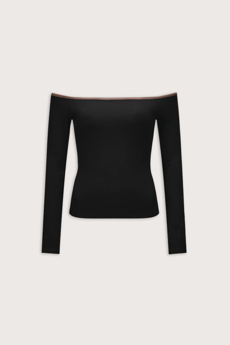 365 Rib Contrast Off Shoulder Top - Black