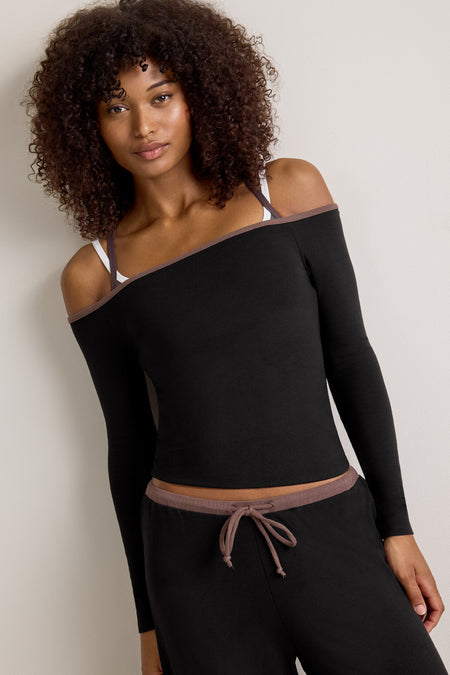 365 Rib Contrast Off Shoulder Top - Black