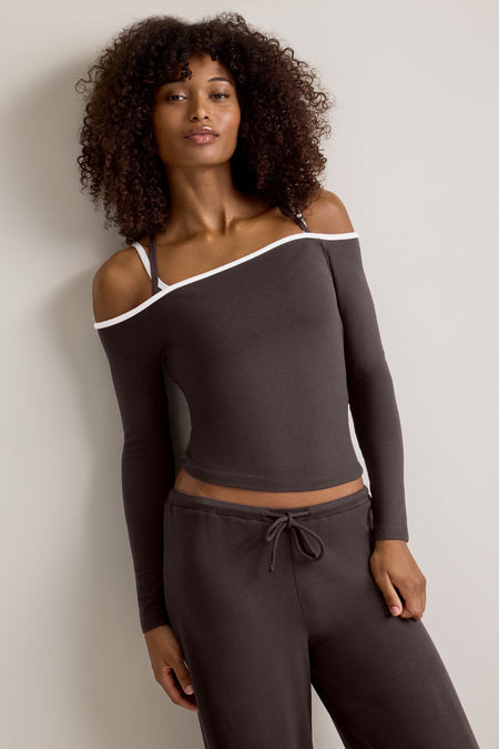 365 Rib Contrast Off Shoulder Top - Espresso