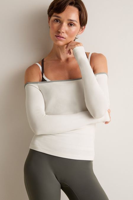 365 Rib Contrast Off Shoulder Top - Coconut Milk