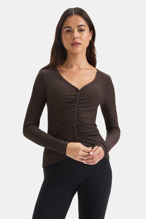 365 Sculpting Lounge Gathered Button Up Cardigan - Espresso