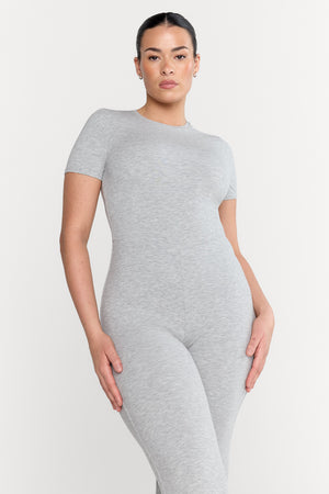 365 Sculpting Lounge Short Sleeve Wide Leg Jumpsuit - Grey Marl