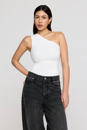 365 Asymmetric Ruched Side Bodysuit - Coconut Milk