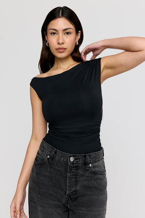 365 Asymmetric Ruched Side Top - Shadow Black