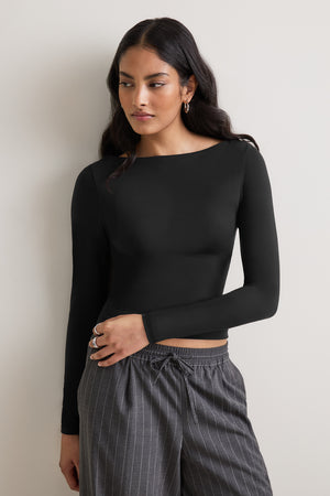 365 Boat Neck Long Sleeve Top - Shadow Black