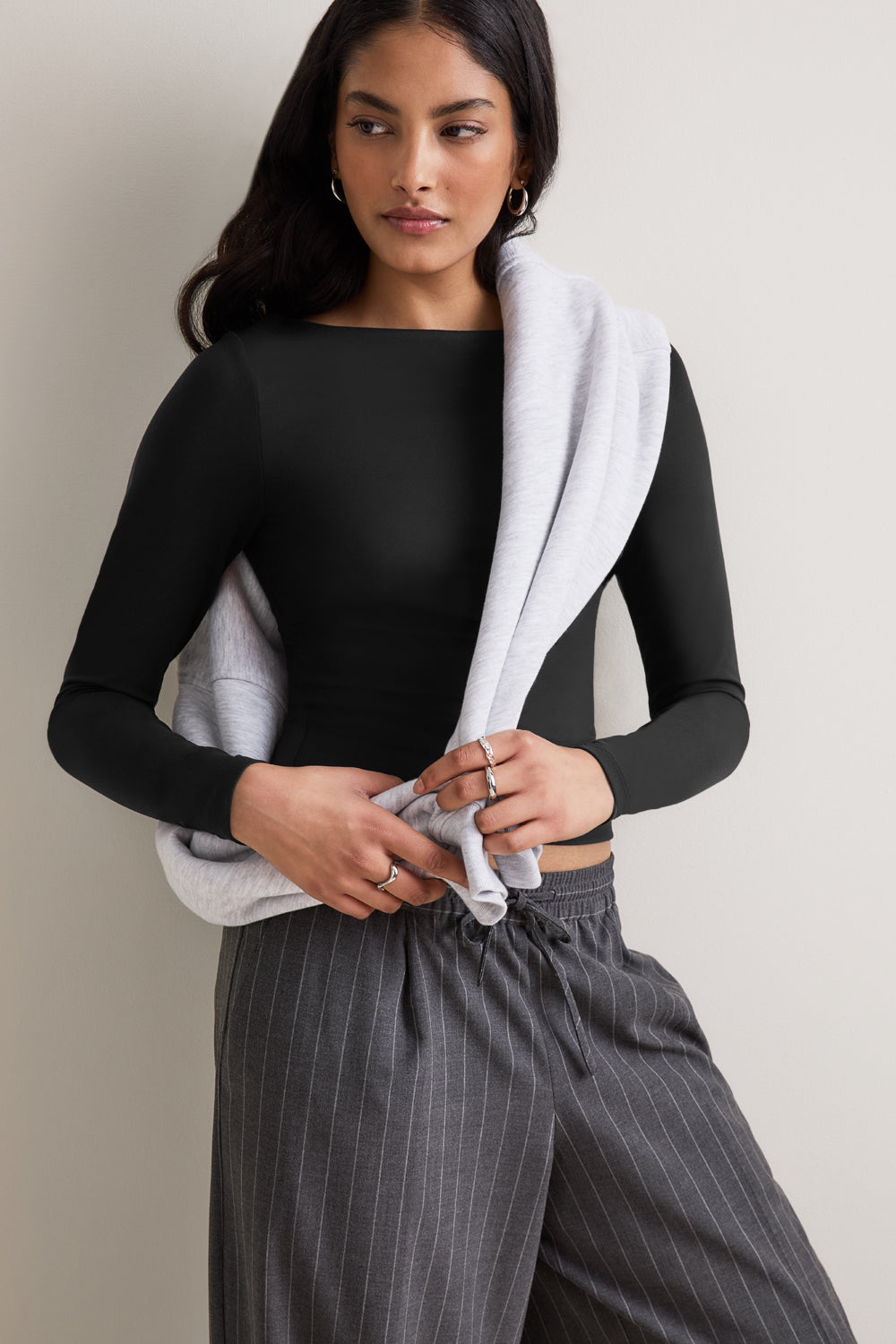 365 Boat Neck Long Sleeve Top - Shadow Black