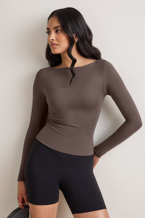 365 Boat Neck Long Sleeve Top - Mocha Brown