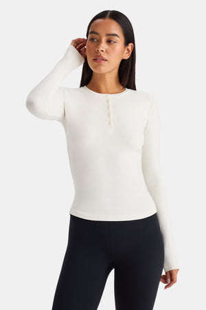 365 Core Cotton Long Sleeve Henley Top - Ivory