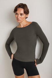 365 Core Cotton Boat Neck Top - Dark Olive