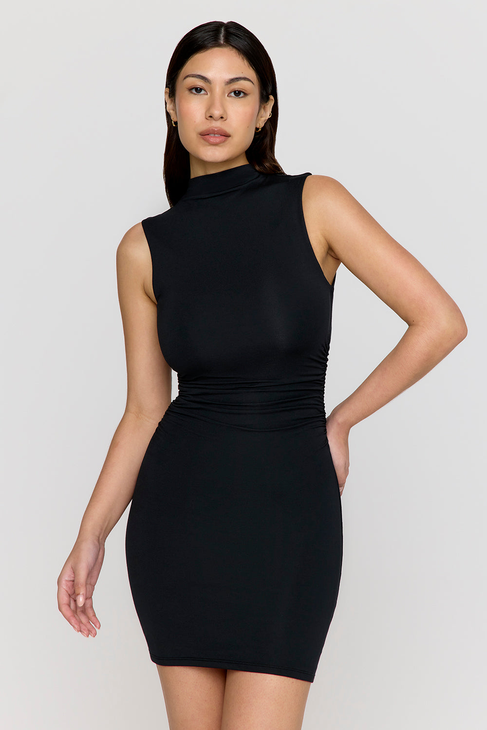 365 Ruched Side Mock Neck Mini Dress - Shadow Black