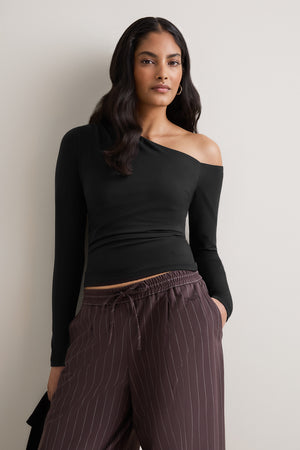 365 Asymmetric Ruched Long Sleeve Top - Black