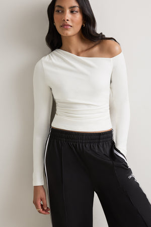 365 Asymmetric Ruched Long Sleeve Top - Coconut Milk