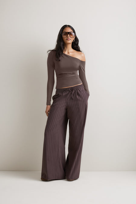 365 Asymmetric Ruched Long Sleeve Top - Mocha Brown