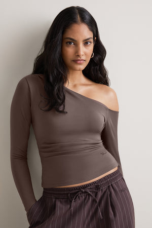 365 Asymmetric Ruched Long Sleeve Top - Mocha Brown