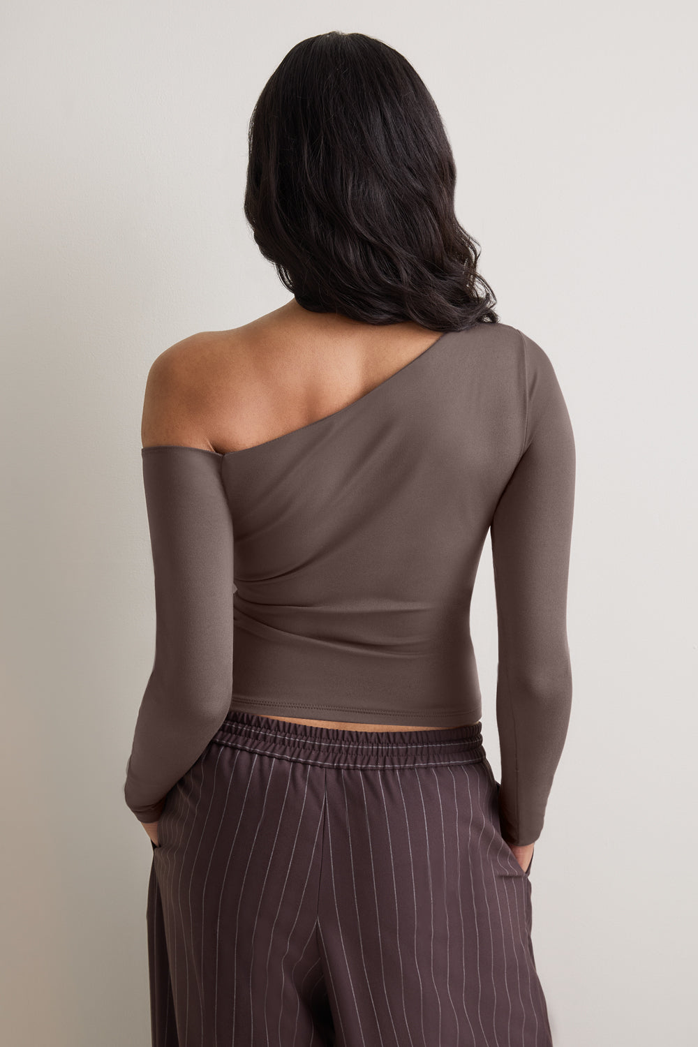 365 Asymmetric Ruched Long Sleeve Top - Mocha Brown
