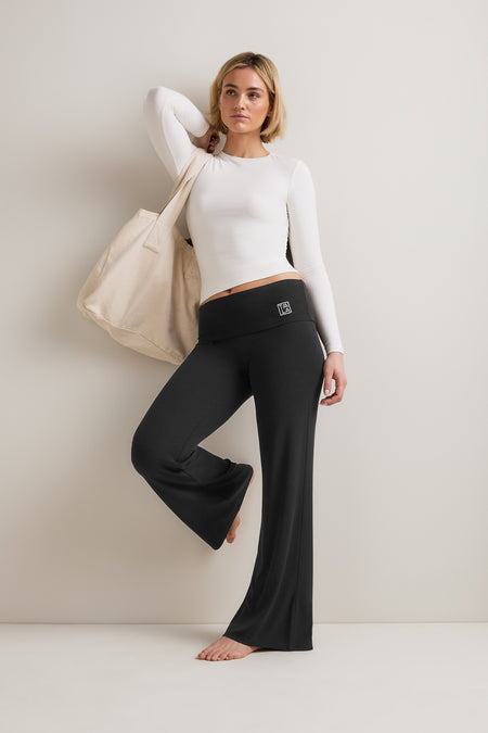 365 Sculpting Lounge Fold Waist Logo Flared Trousers - Shadow Black