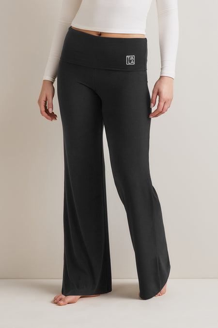 365 Sculpting Lounge Fold Waist Logo Flared Trousers - Shadow Black