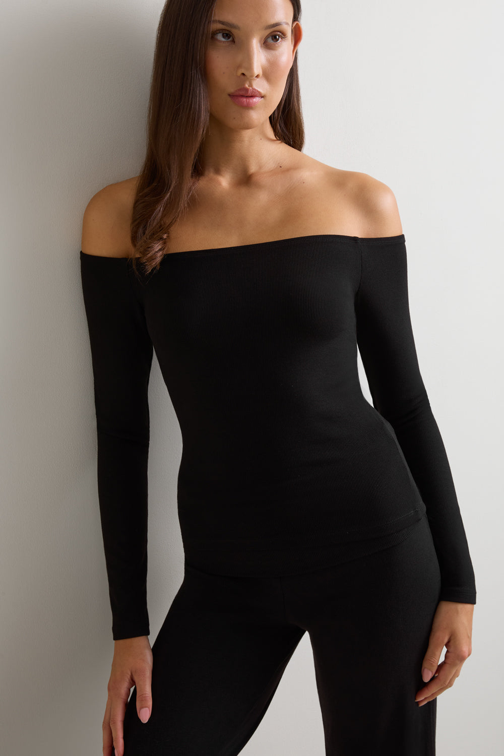 365 Rib Off Shoulder Top - Black