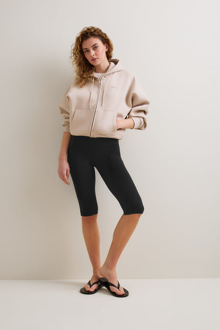 Black Capri leggings and beige chai zip through hoodie