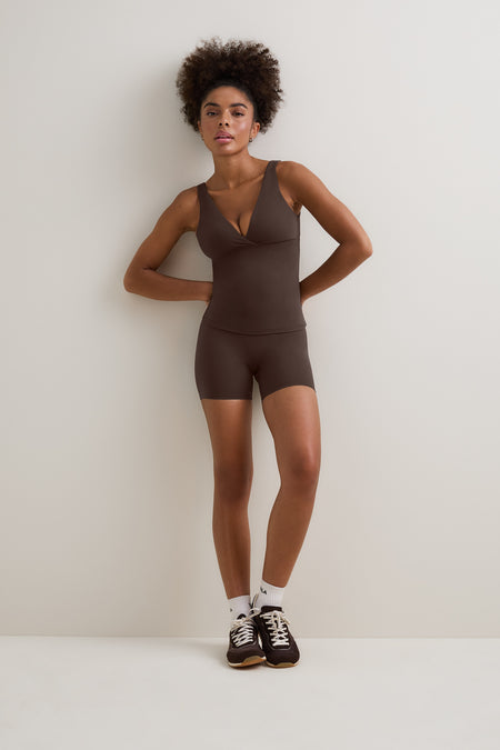 Women's Brown V-Neck Vest with built in push up bra support and brown cycling shorts