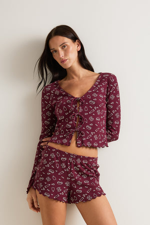 Tie Up Pyjama Cardigan - Burgundy 'Wind Down' Print