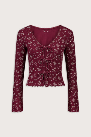 Tie Up Pyjama Cardigan - Burgundy 'Wind Down' Print