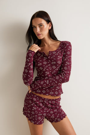 Henley Pyjama Top - Burgundy 'Wind Down' Print