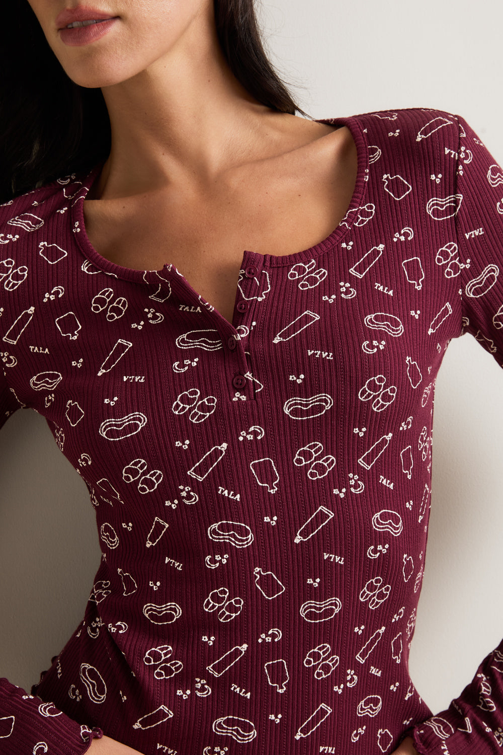 Henley Pyjama Top - Burgundy 'Wind Down' Print
