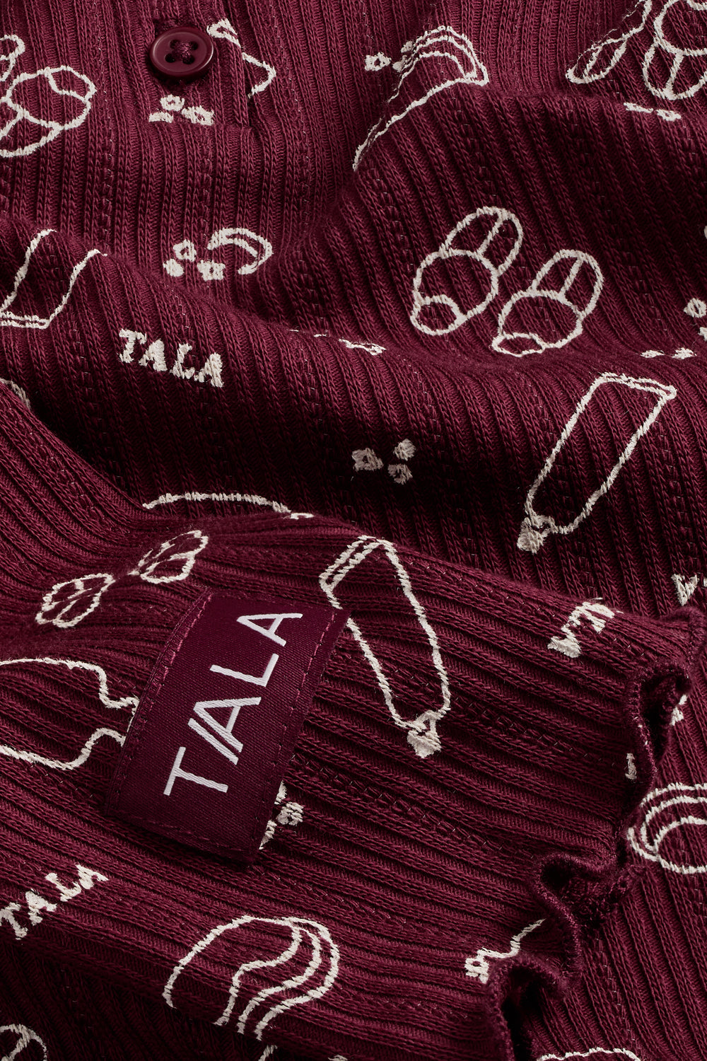 Henley Pyjama Top - Burgundy 'Wind Down' Print