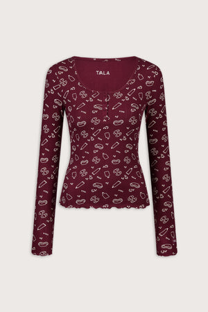 Henley Pyjama Top - Burgundy 'Wind Down' Print