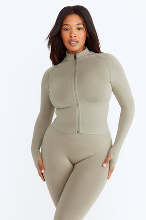 Sculpt Seamless Mock Neck Zip Through Jacket- Olive Marl