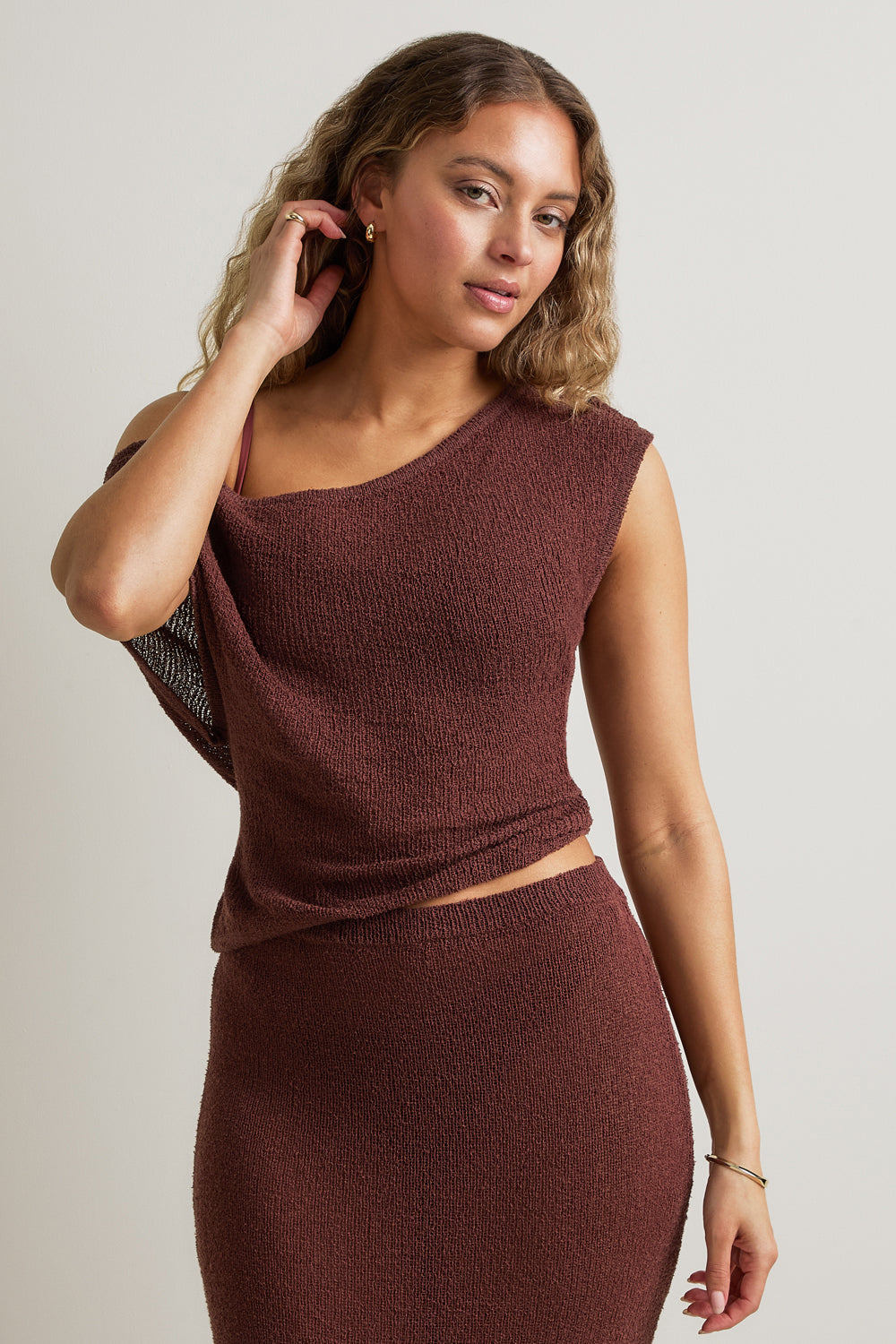 Beach Knit Asymmetric Top - Brown