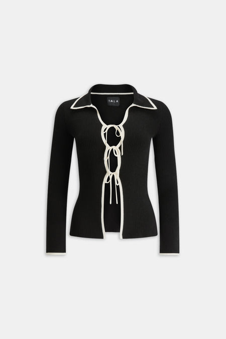 Slim Fit Long Sleeve Ribbed Knit Tie Top - Black And Buttermilk