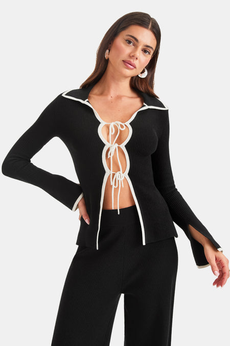 Slim Fit Long Sleeve Ribbed Knit Tie Top - Black And Buttermilk