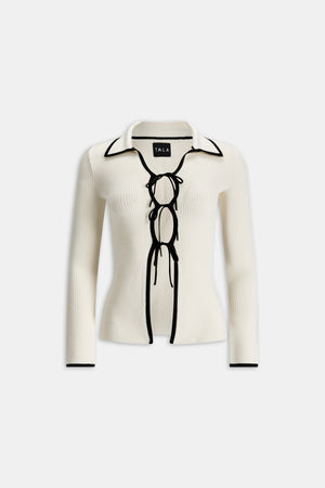 Slim Fit Long Sleeve Ribbed Knit Tie Top - Buttermilk And Black