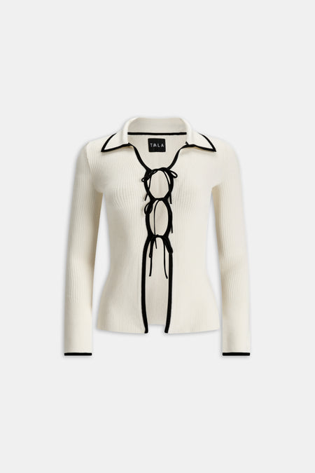 Slim Fit Long Sleeve Ribbed Knit Tie Top - Buttermilk And Black