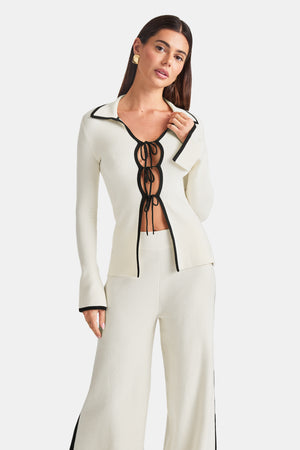 Slim Fit Long Sleeve Ribbed Knit Tie Top - Buttermilk And Black