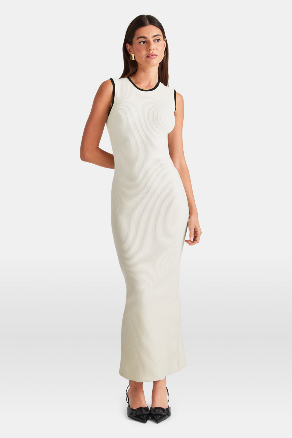 Sleeveless Contrast Ribbed Knit Maxi Dress - Buttermilk And Black Sleeveless Contrast Ribbed Knit Maxi Dress - Buttermilk And Black