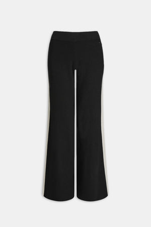 Wide Leg Contrast Ribbed Knit Trousers - Black And Buttermilk